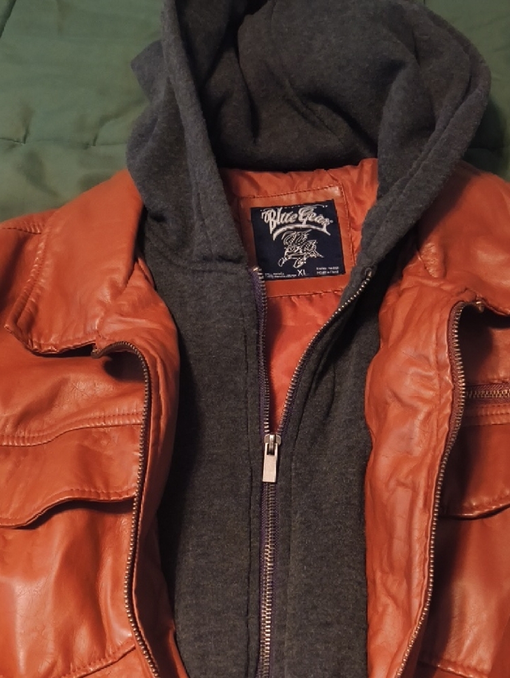 Men's Orange Faux Leather Jacket with Removable Hood - Picture 2 of 3